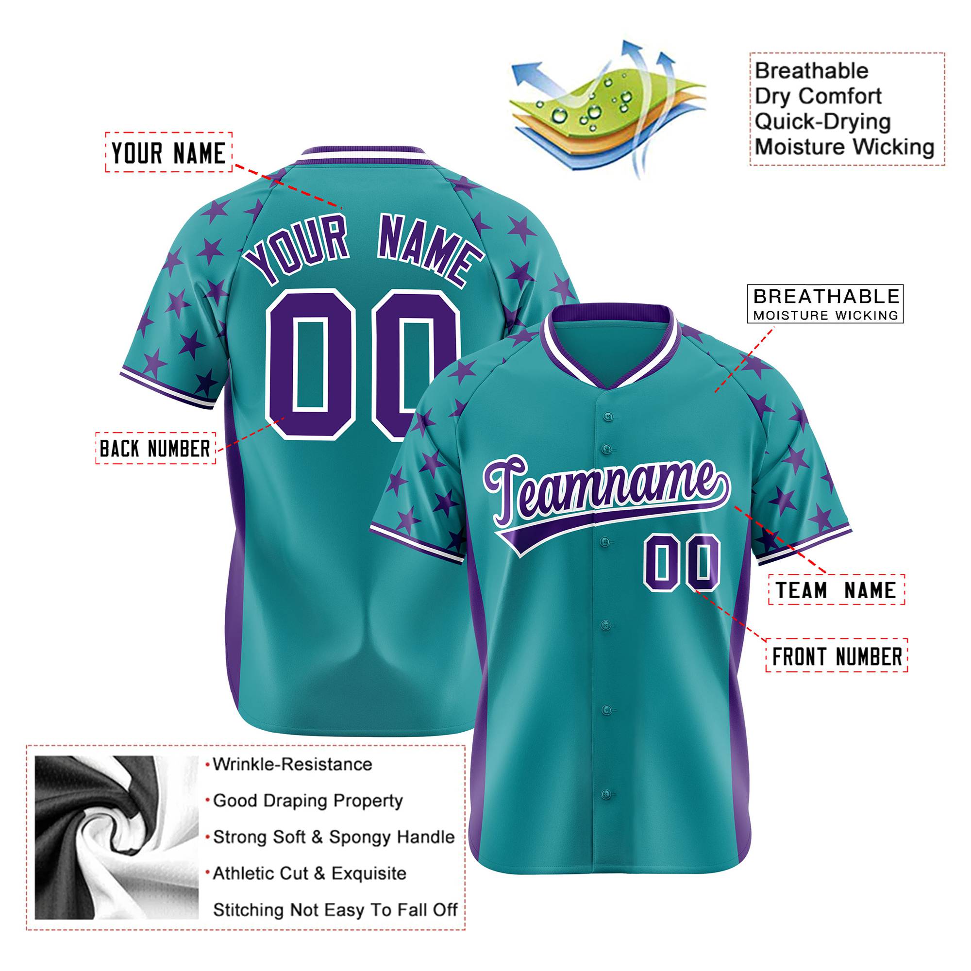 Custom Aqua Purple Gradient Side Personalized Star Pattern Authentic Baseball Jersey