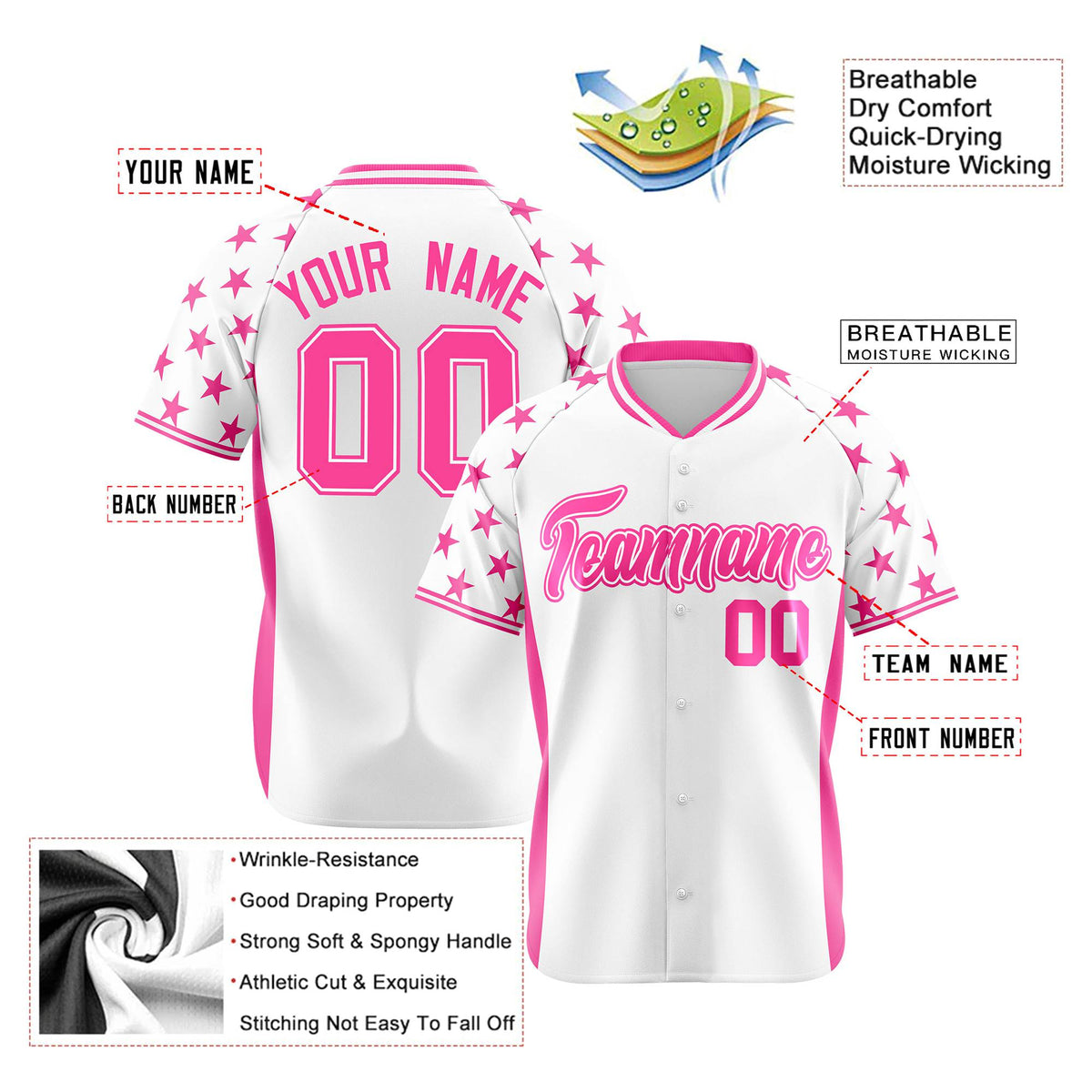Custom White Pink Gradient Side Personalized Star Pattern Authentic Baseball Jersey