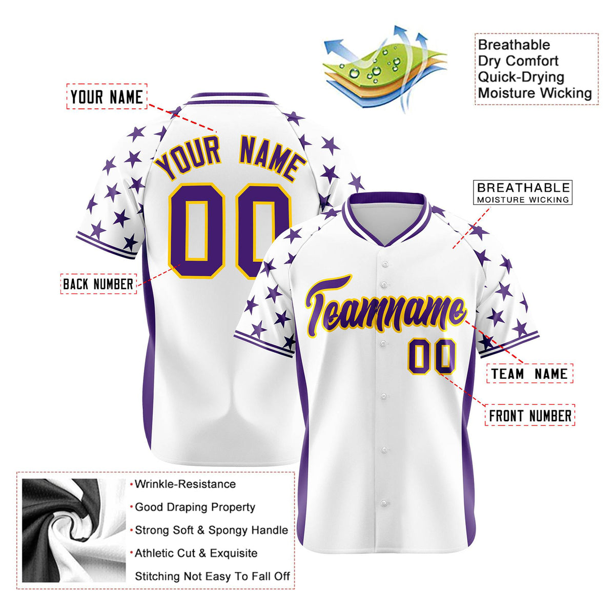 Custom White Purple Gradient Side Personalized Star Pattern Authentic Baseball Jersey