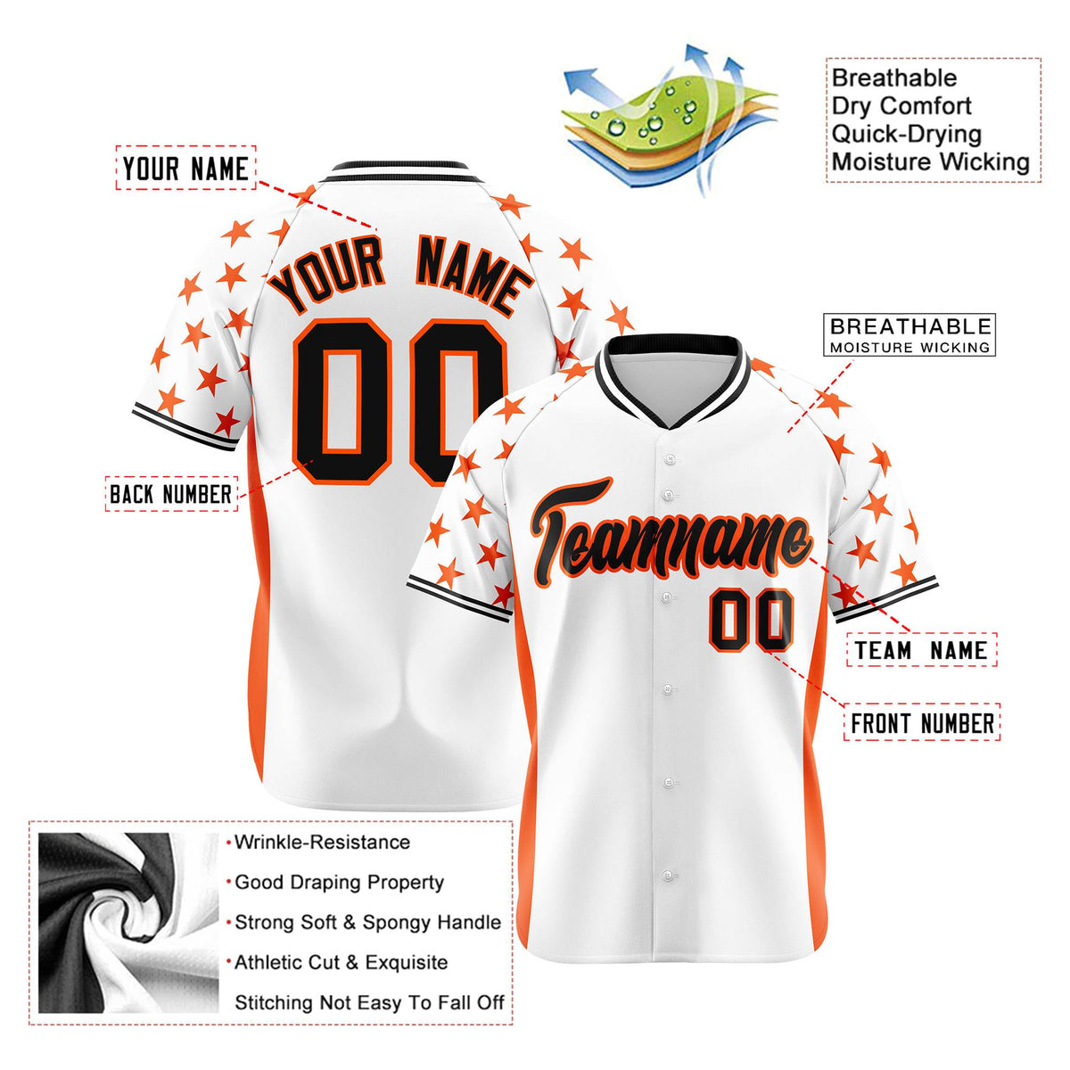 Custom White Orange Gradient Side Personalized Star Pattern Authentic Baseball Jersey