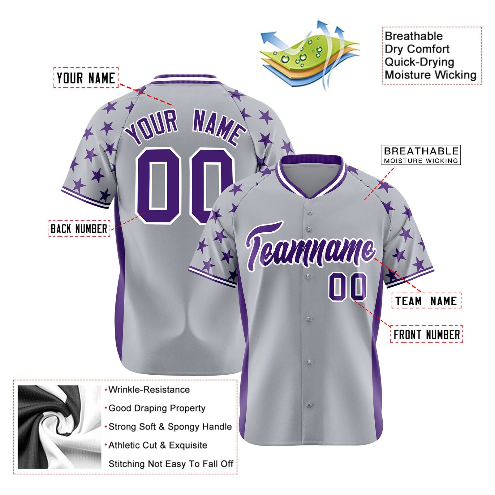 Custom Gray Purple Gradient Side Personalized Star Pattern Authentic Baseball Jersey