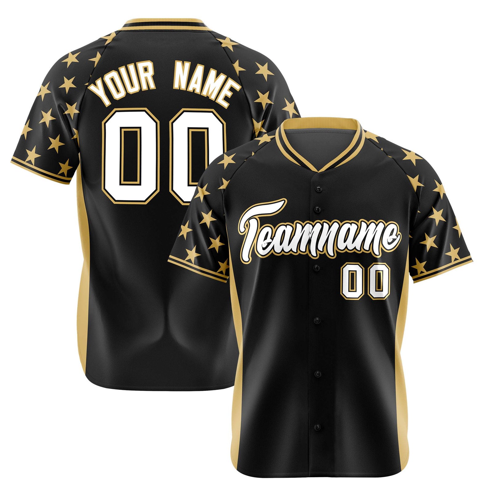 Custom Black Old Gold Gradient Side Personalized Star Pattern Authentic Baseball Jersey
