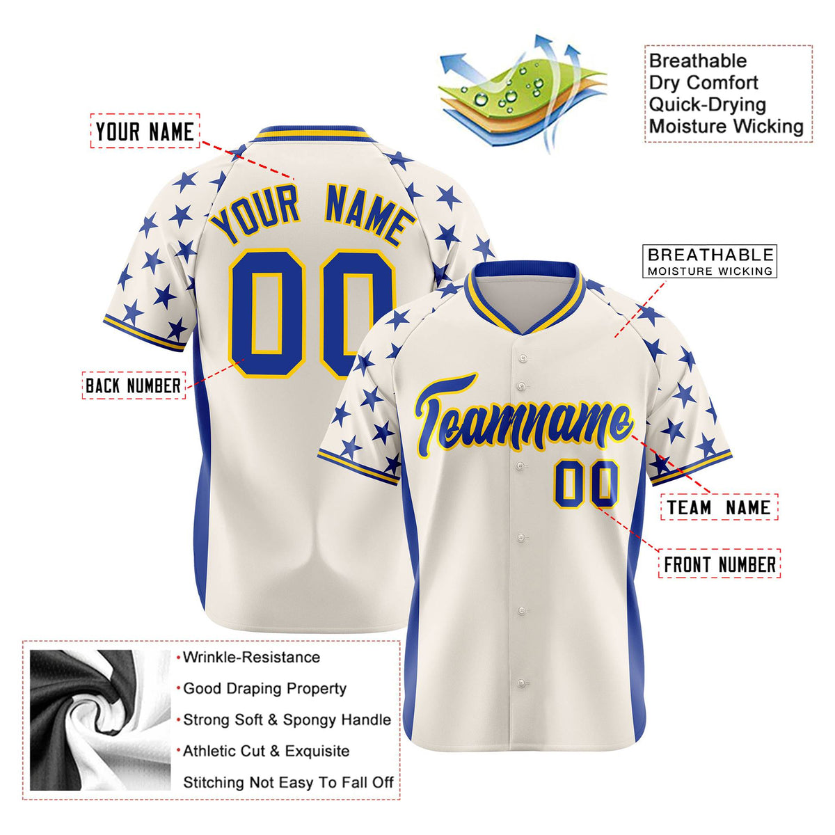 Custom Gream Royal Blue Gradient Side Personalized Star Pattern Authentic Baseball Jersey