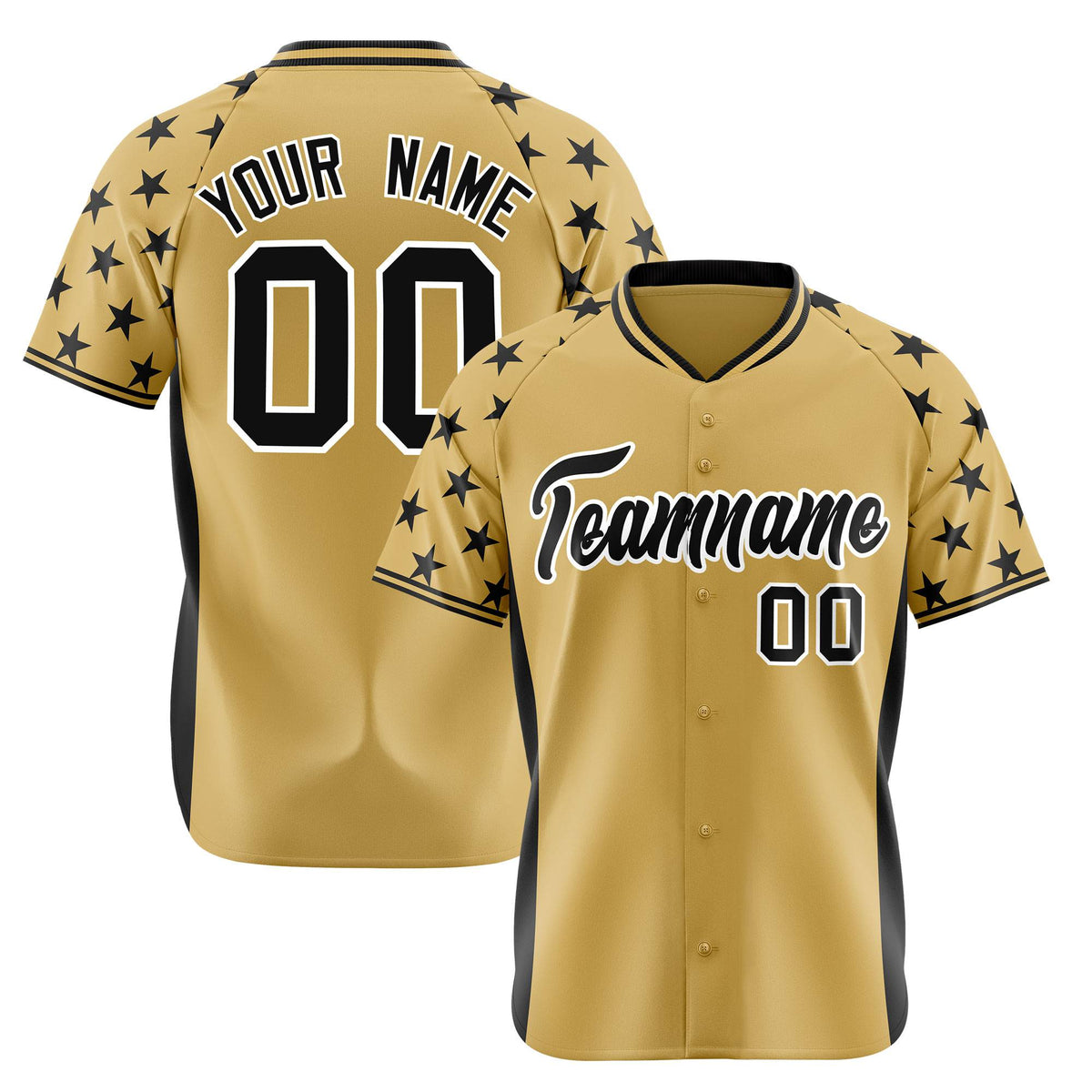 Custom Khaki Black Gradient Side Personalized Star Pattern Authentic Baseball Jersey
