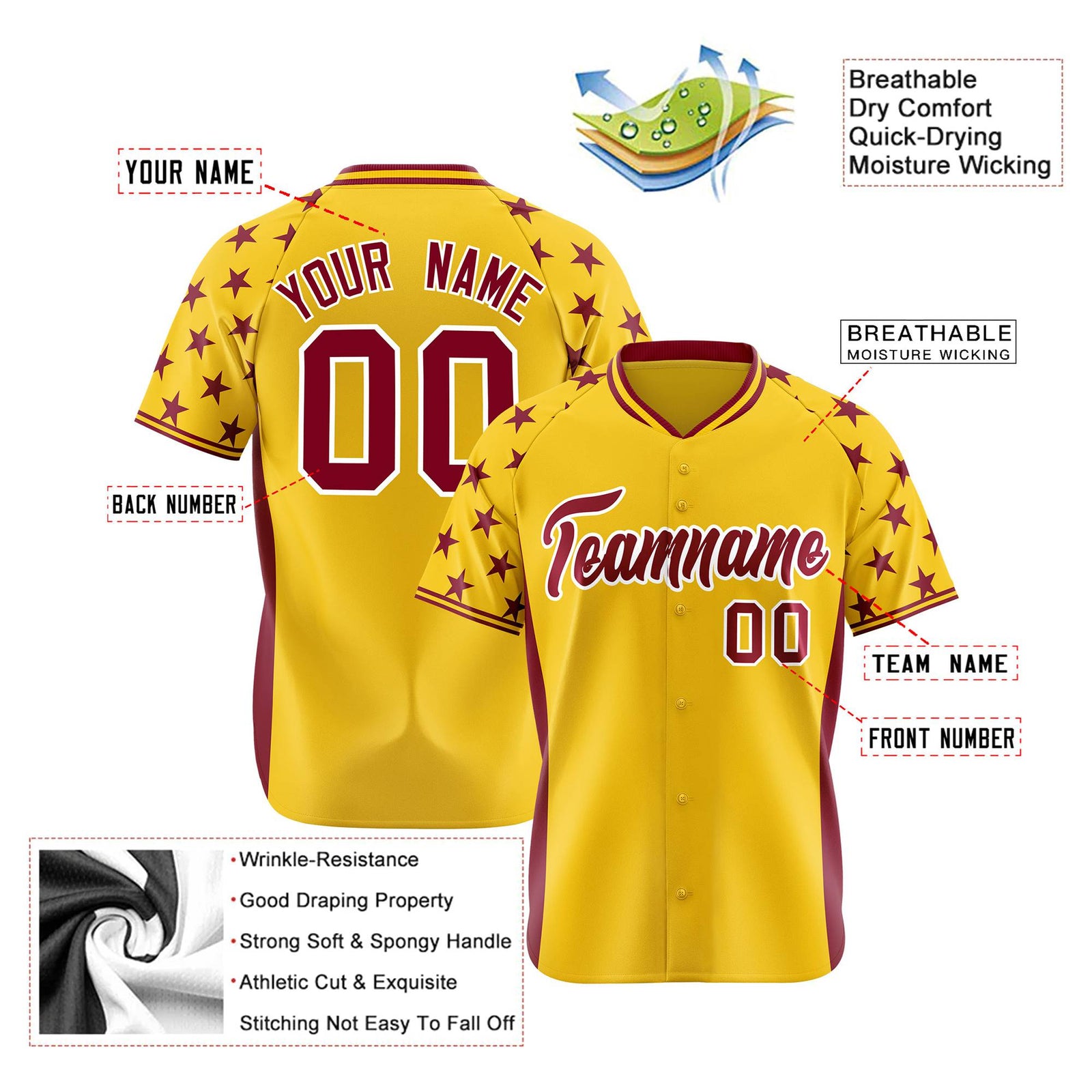 Custom Gold Crimson Gradient Side Personalized Star Pattern Authentic Baseball Jersey