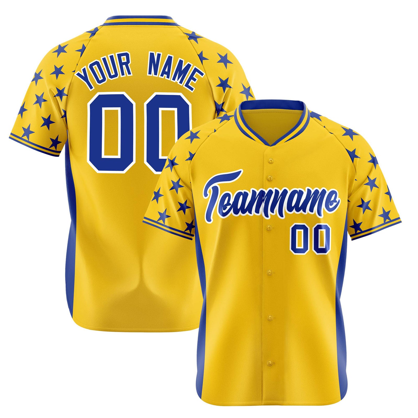 Custom Gold Royal Blue Gradient Side Personalized Star Pattern Authentic Baseball Jersey