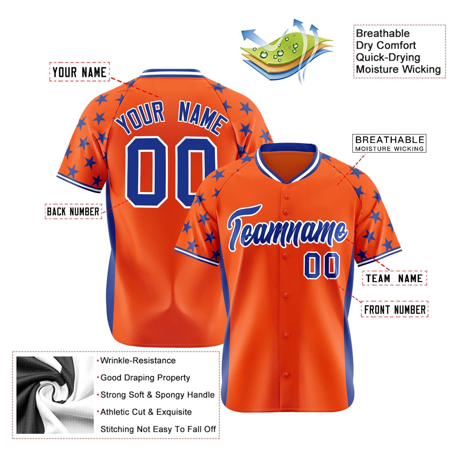 Custom Orange Royal Blue Gradient Side Personalized Star Pattern Authentic Baseball Jersey
