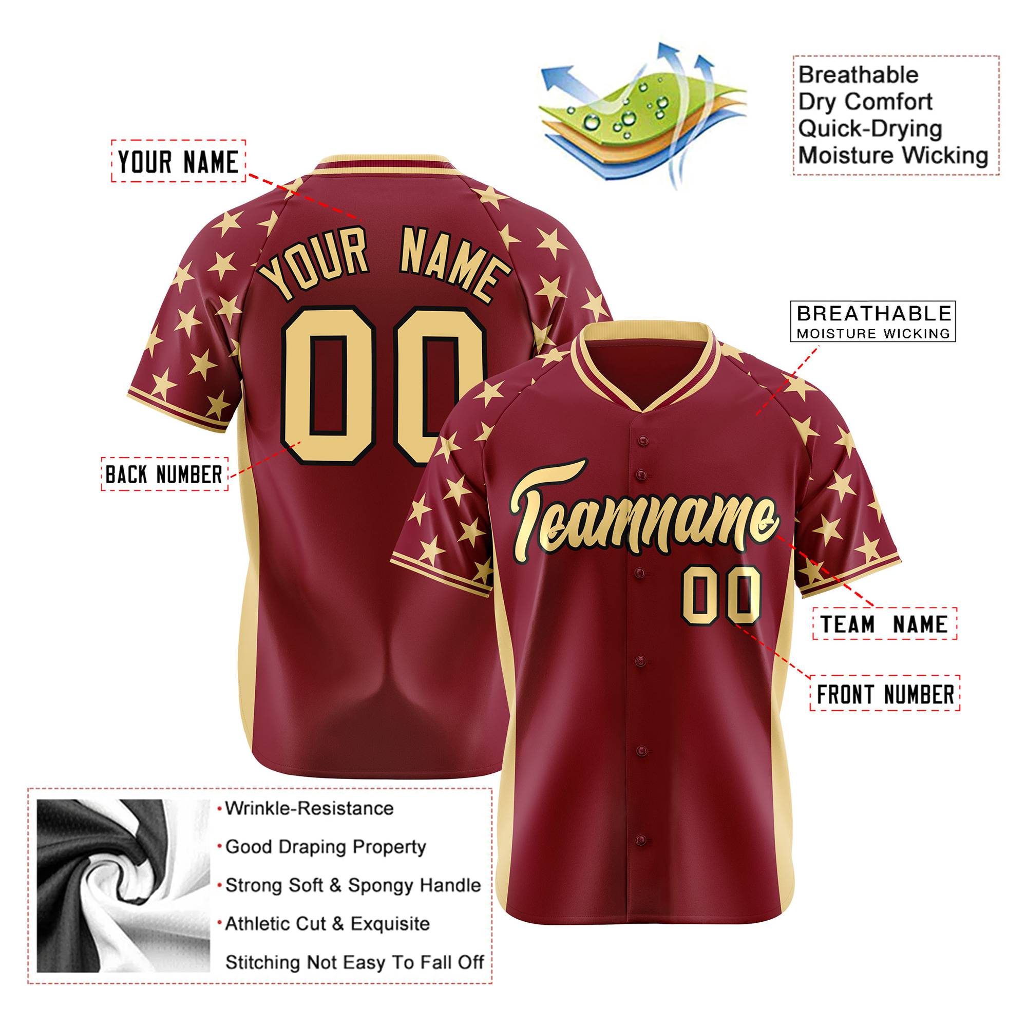 Custom Crimson Khaki Gradient Side Personalized Star Pattern Authentic Baseball Jersey