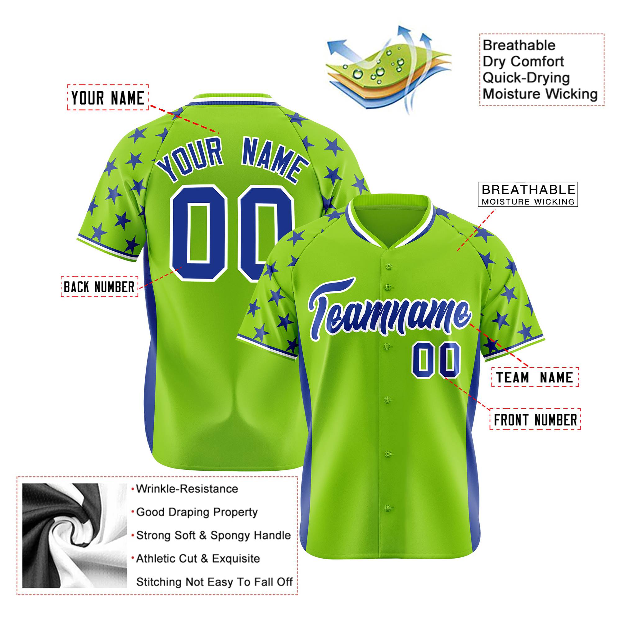 Custom Neon Green Royal Blue Gradient Side Personalized Star Pattern Authentic Baseball Jersey