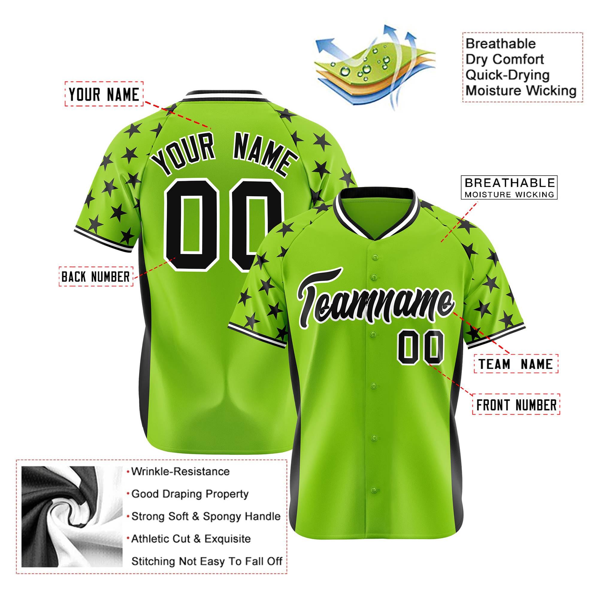 Custom Neon Green Black Gradient Side Personalized Star Pattern Authentic Baseball Jersey