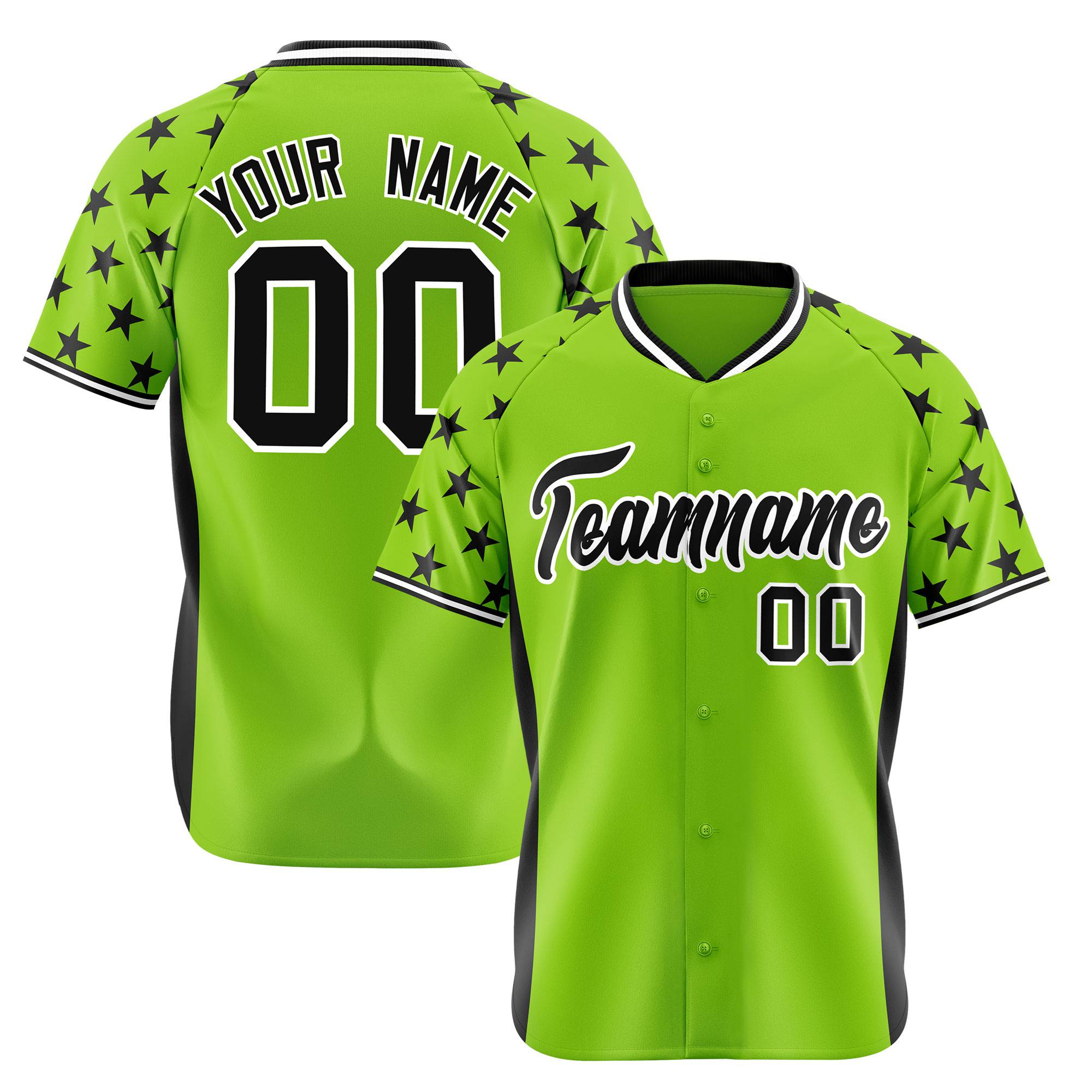 Custom Neon Green Black Gradient Side Personalized Star Pattern Authentic Baseball Jersey