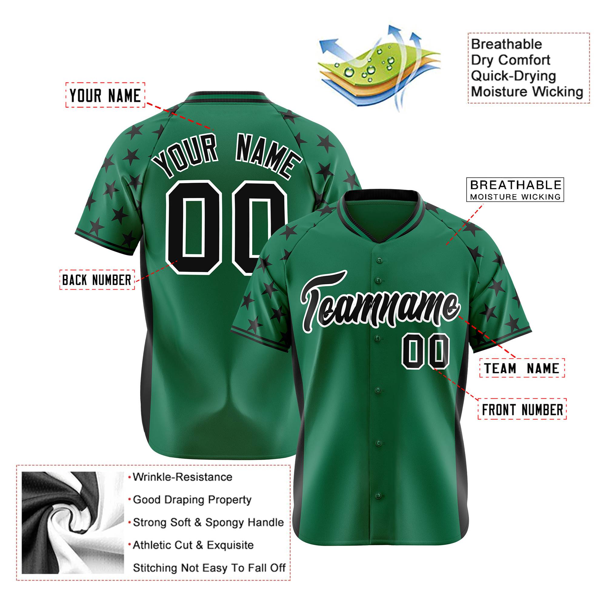 Custom Kelly Green Black Gradient Side Personalized Star Pattern Authentic Baseball Jersey