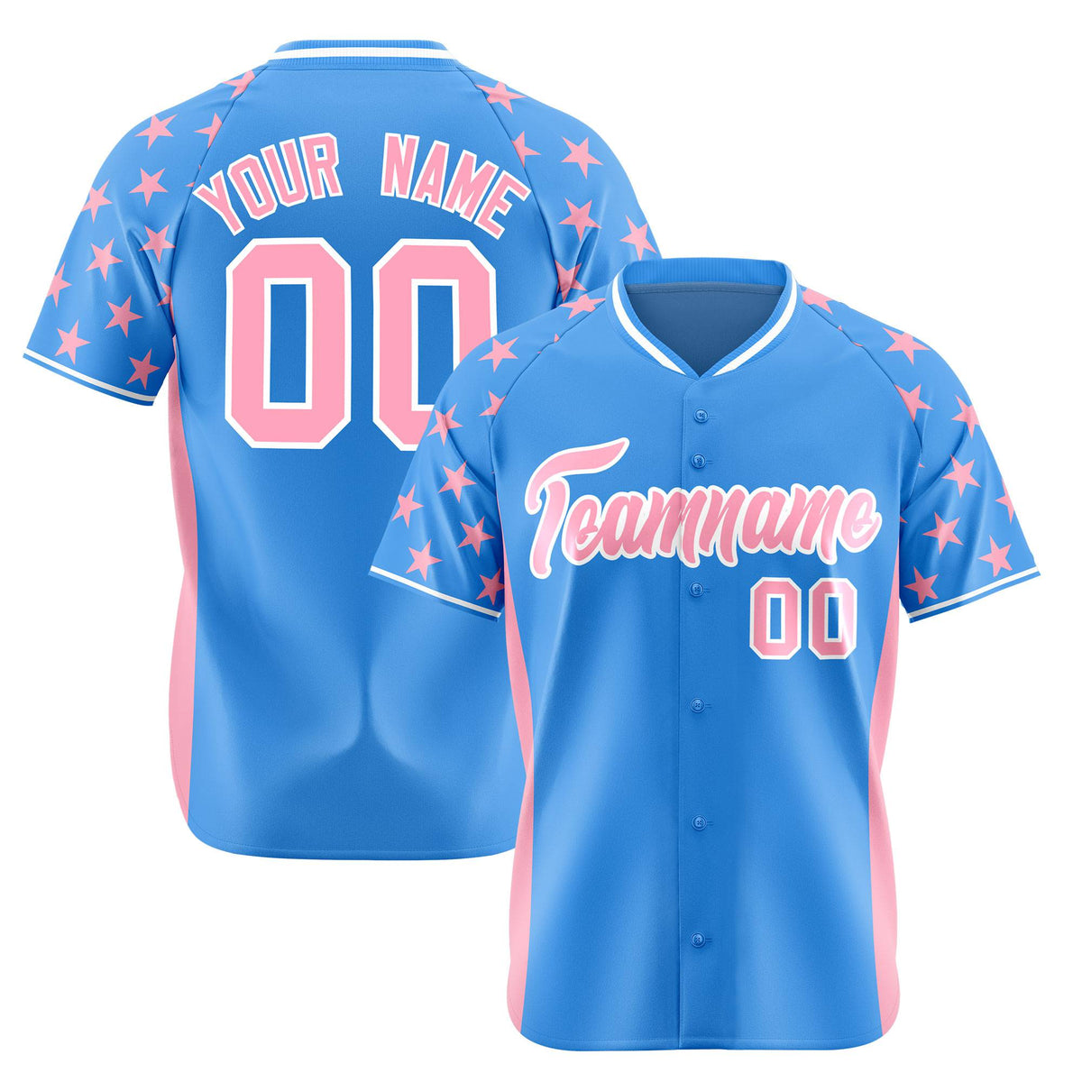 Custom Powder Blue Light Pink Gradient Side Personalized Star Pattern Authentic Baseball Jersey