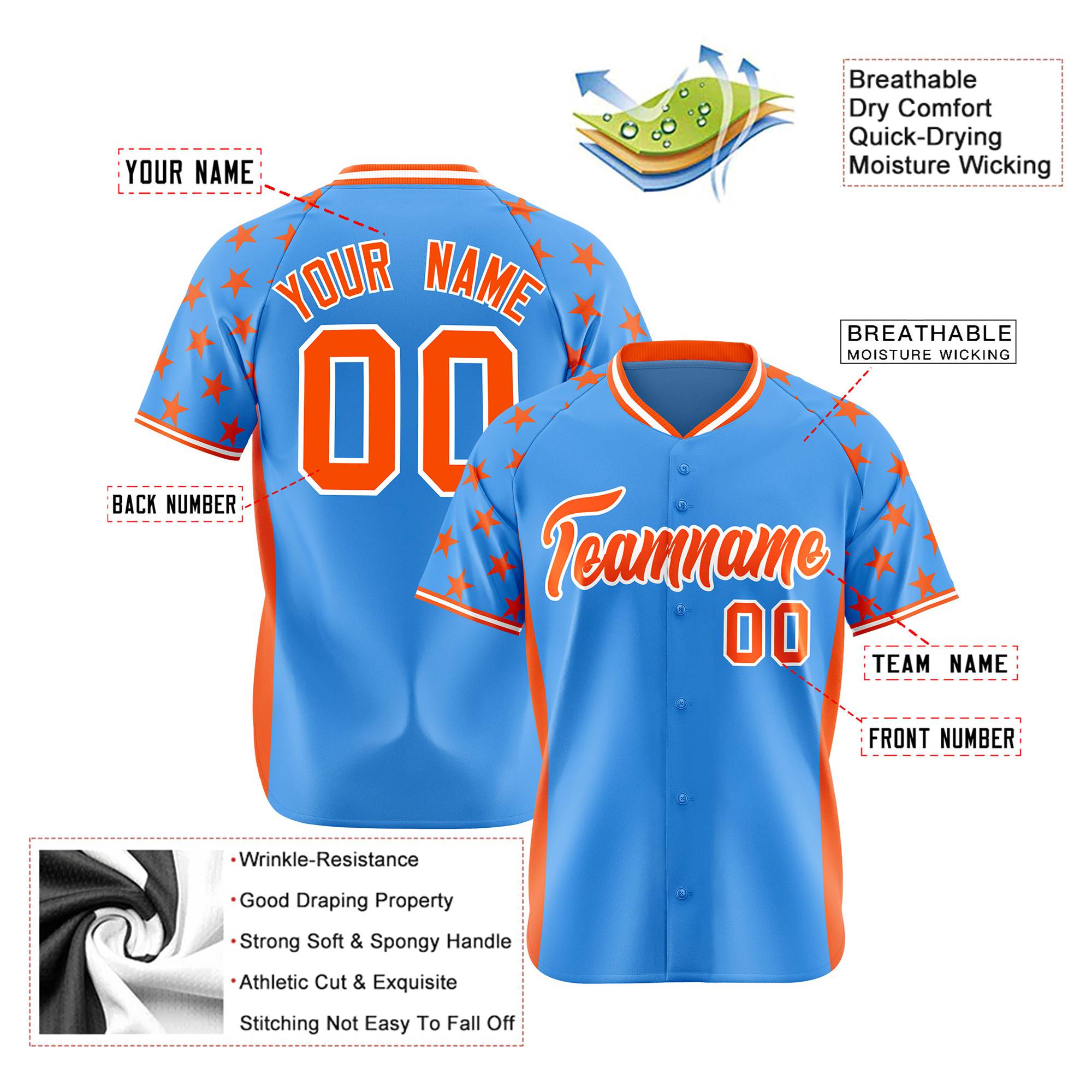 Custom Powder Blue Orange Gradient Side Personalized Star Pattern Authentic Baseball Jersey