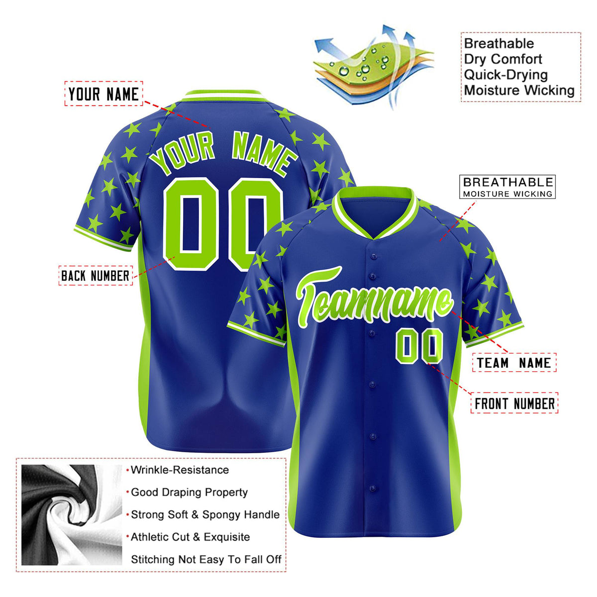 Custom Royal Blue Neon Green Gradient Side Personalized Star Pattern Authentic Baseball Jersey