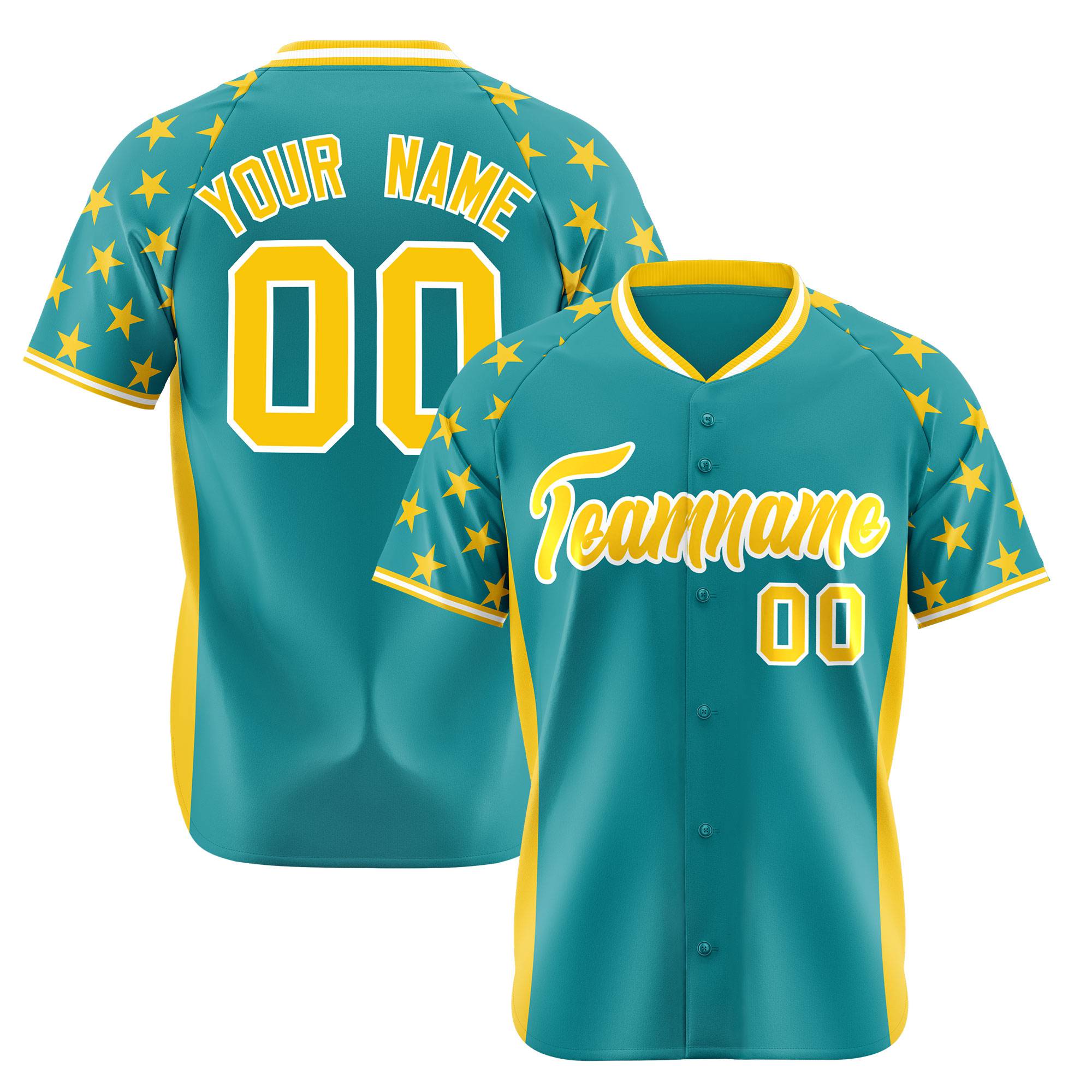 Custom Aqua Gold Gradient Side Personalized Star Pattern Authentic Baseball Jersey