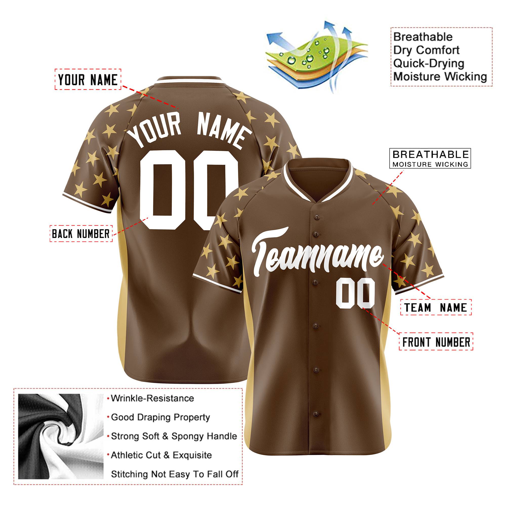 Custom Light Brown Khaki Gradient Side Personalized Star Pattern Authentic Baseball Jersey