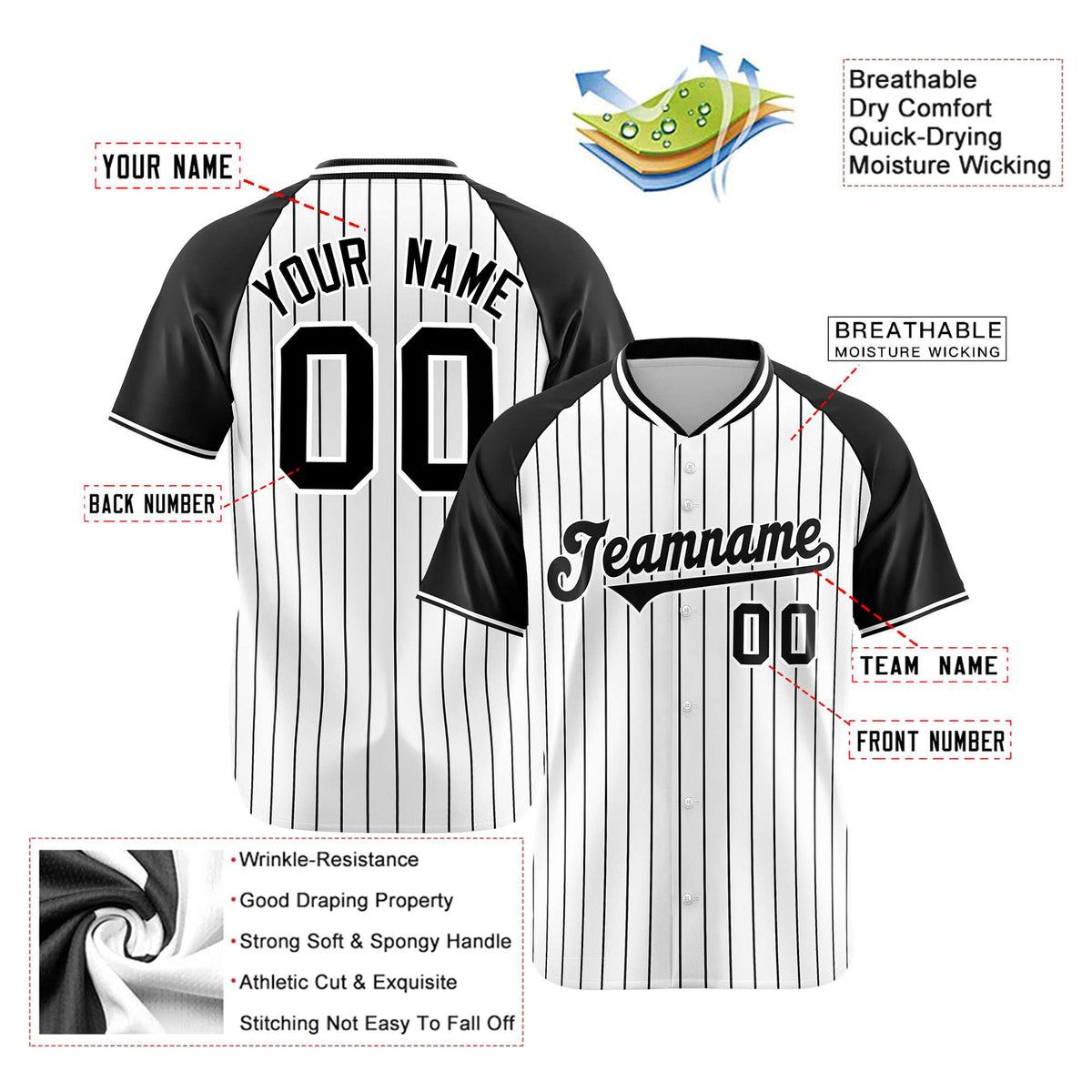 Custom White Black Pinstripe Black-White Authentic Raglan Sleeves Baseball Jersey