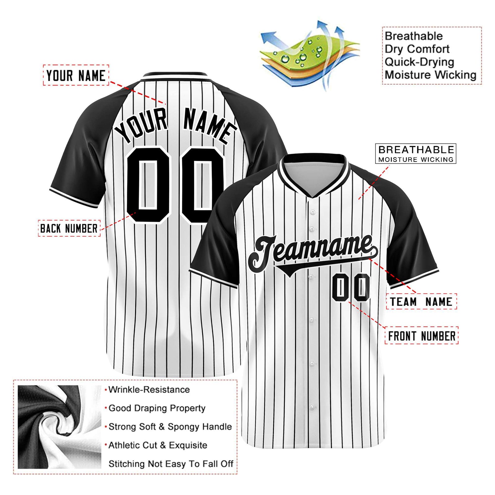 Custom White Black Pinstripe Black-White Authentic Raglan Sleeves Baseball Jersey