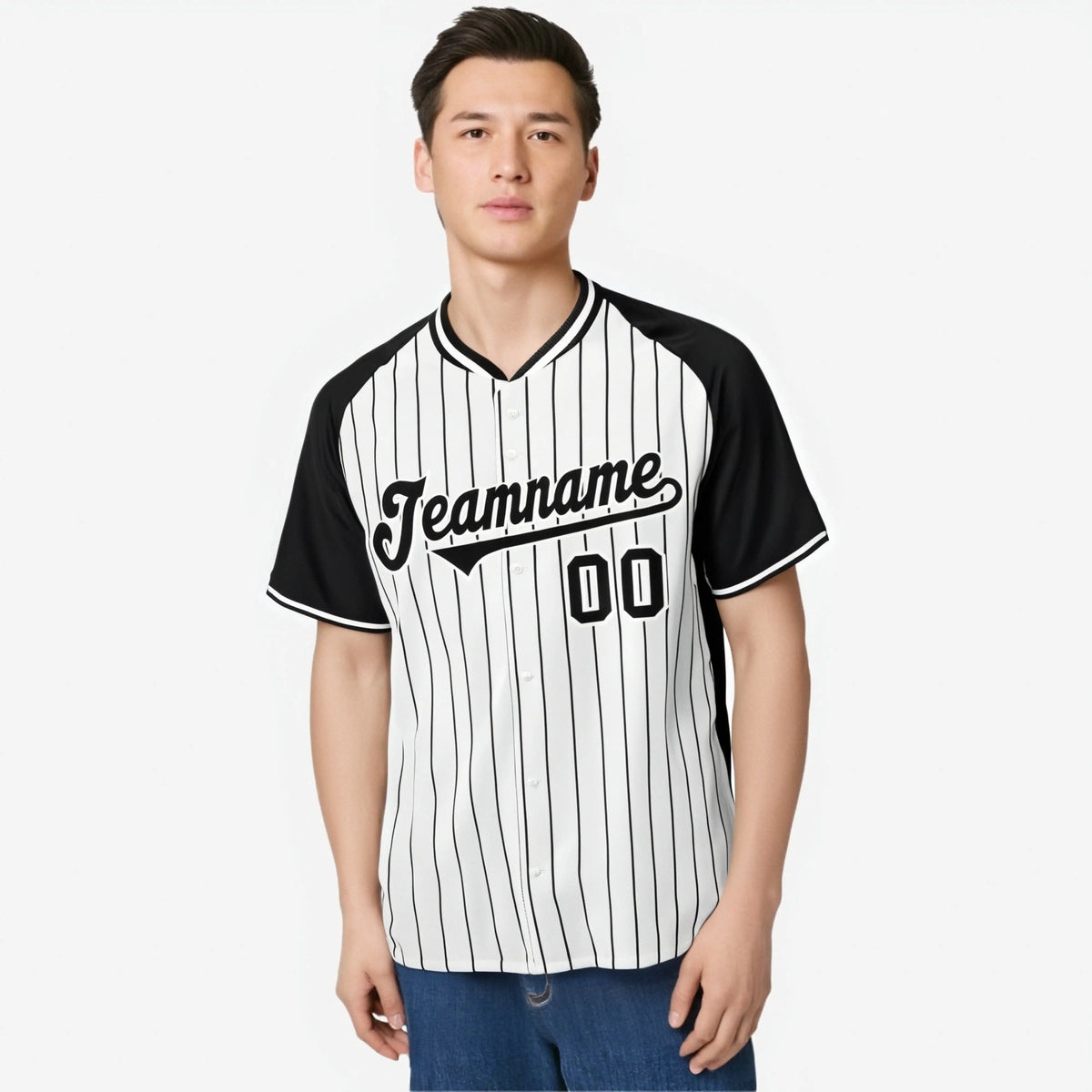 Custom White Black Pinstripe Black-White Authentic Raglan Sleeves Baseball Jersey