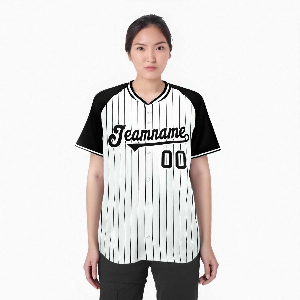 Custom White Black Pinstripe Black-White Authentic Raglan Sleeves Baseball Jersey