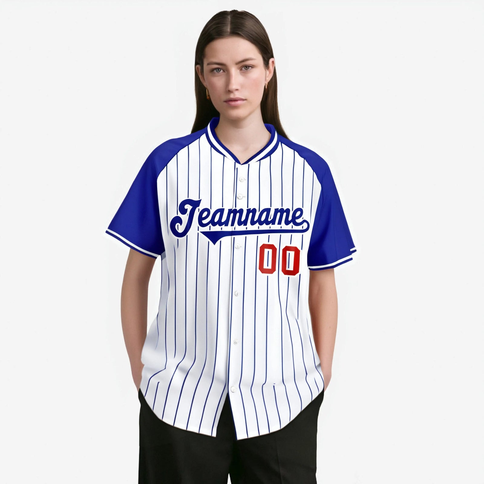 Custom White-Royal Blue Pinstripe Authentic Raglan Sleeves Baseball Jersey