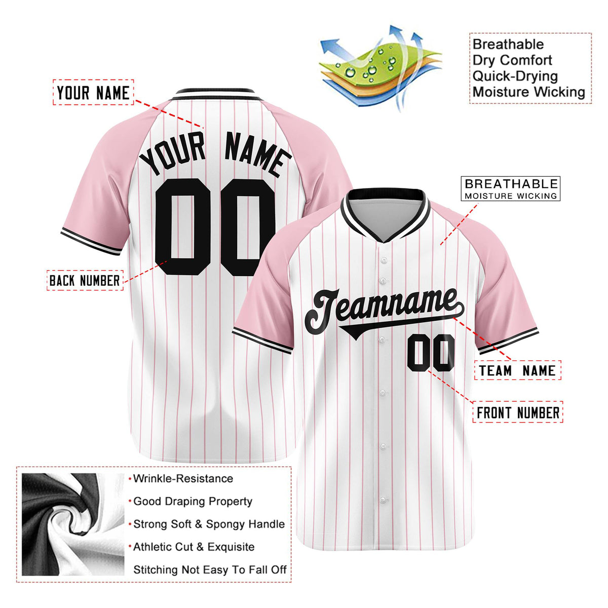 Custom White Pink Pinstripe Pink-White Authentic Raglan Sleeves Baseball Jersey