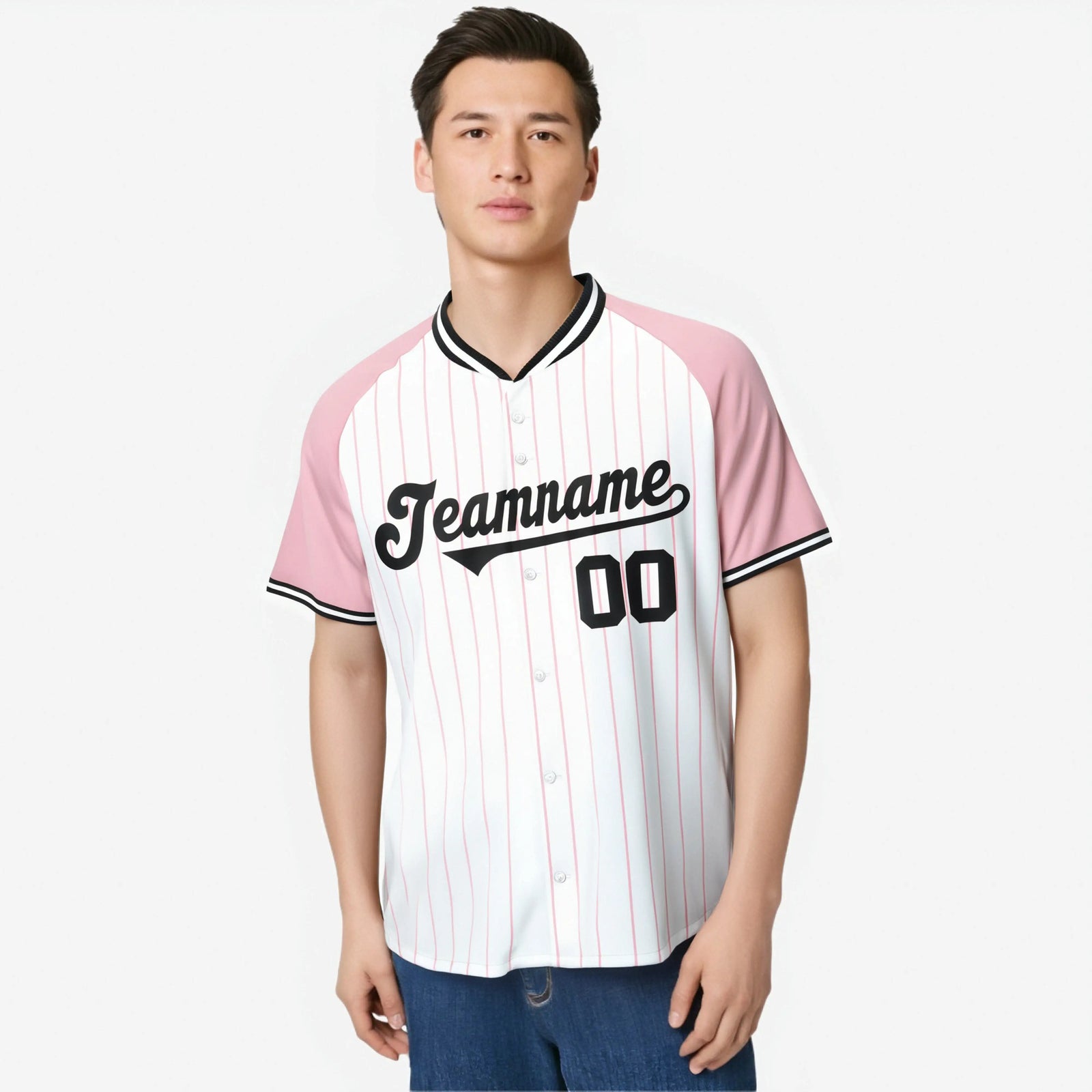 Custom White Pink Pinstripe Pink-White Authentic Raglan Sleeves Baseball Jersey