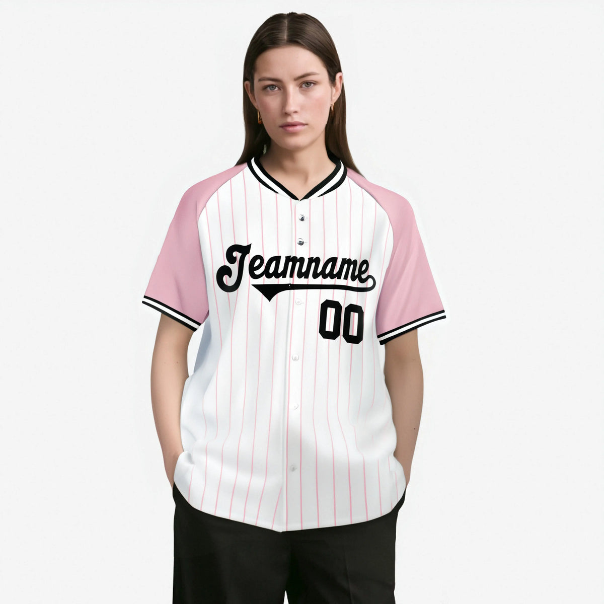 Custom White Pink Pinstripe Pink-White Authentic Raglan Sleeves Baseball Jersey