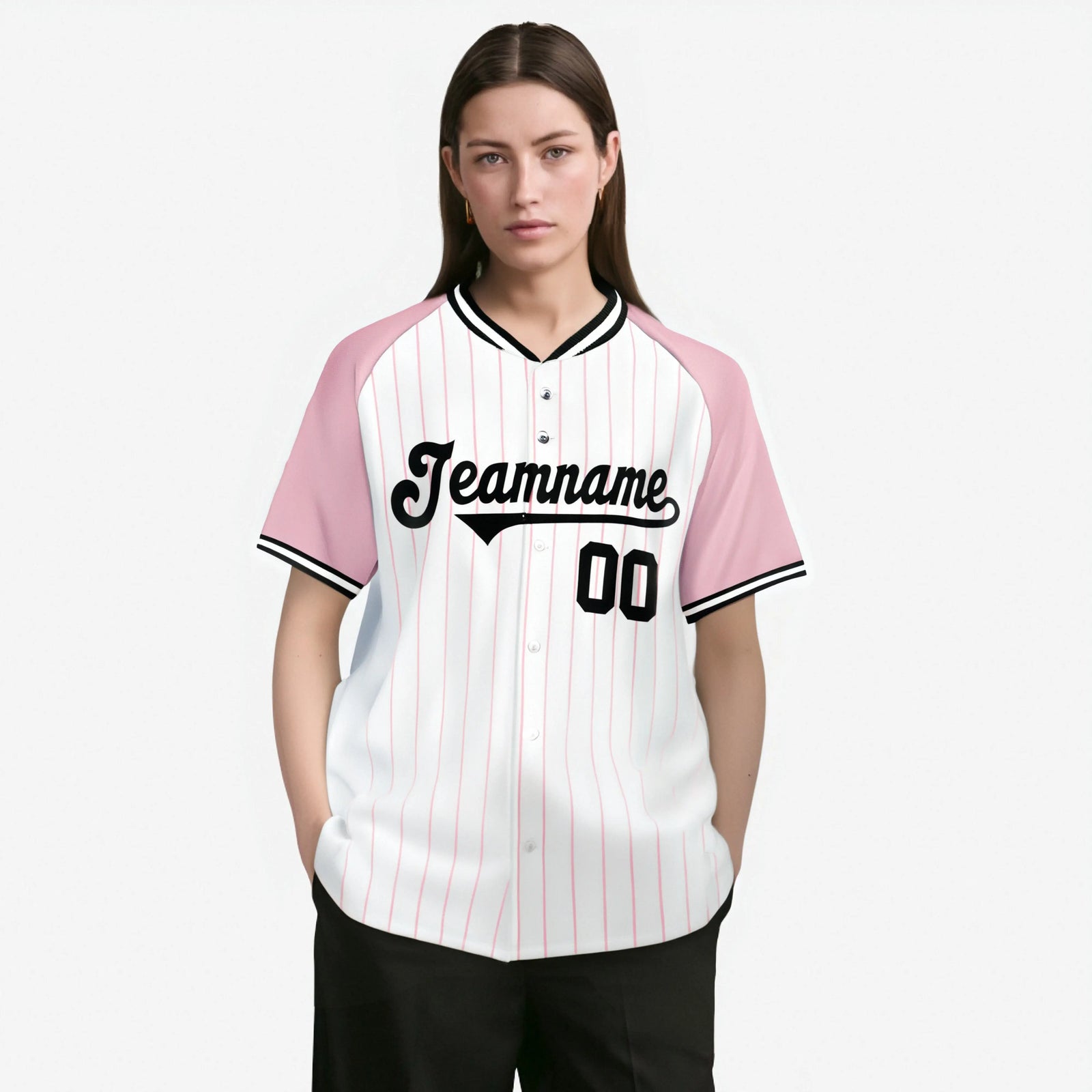 Custom White Pink Pinstripe Pink-White Authentic Raglan Sleeves Baseball Jersey