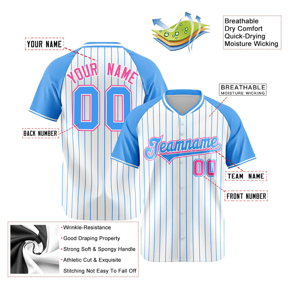 Custom White-Light Blue Pinstripe Authentic Raglan Sleeves Baseball Jersey