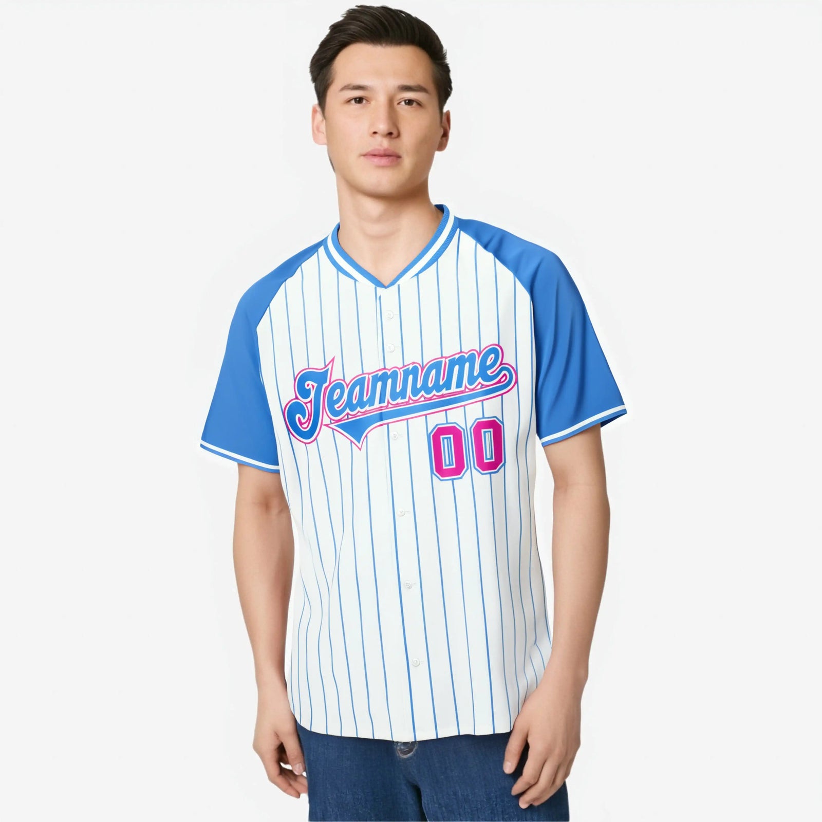 Custom White-Light Blue Pinstripe Authentic Raglan Sleeves Baseball Jersey