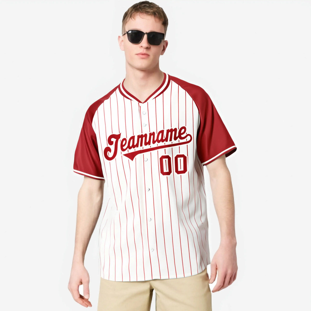 Custom White Red Pinstripe Red-White Authentic Raglan Sleeves Baseball Jersey