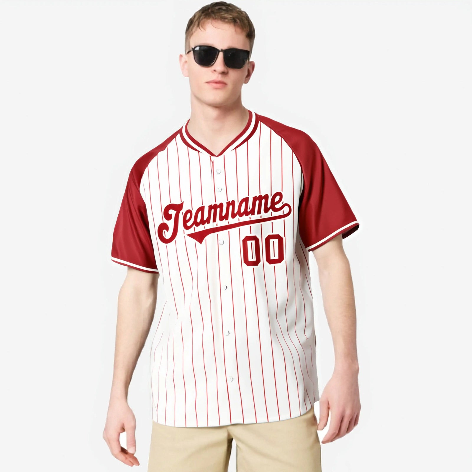 Custom White Red Pinstripe Red-White Authentic Raglan Sleeves Baseball Jersey