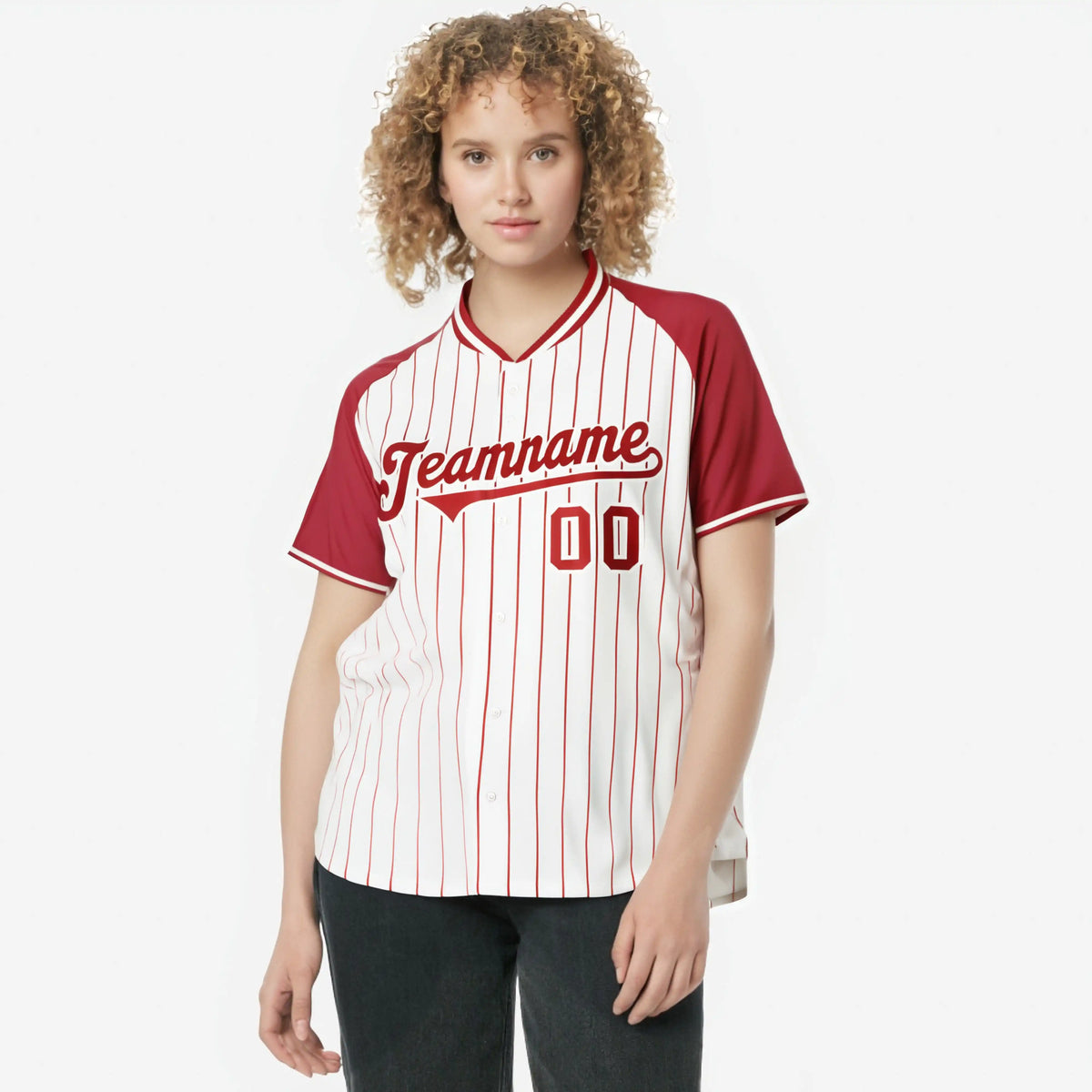 Custom White Red Pinstripe Red-White Authentic Raglan Sleeves Baseball Jersey