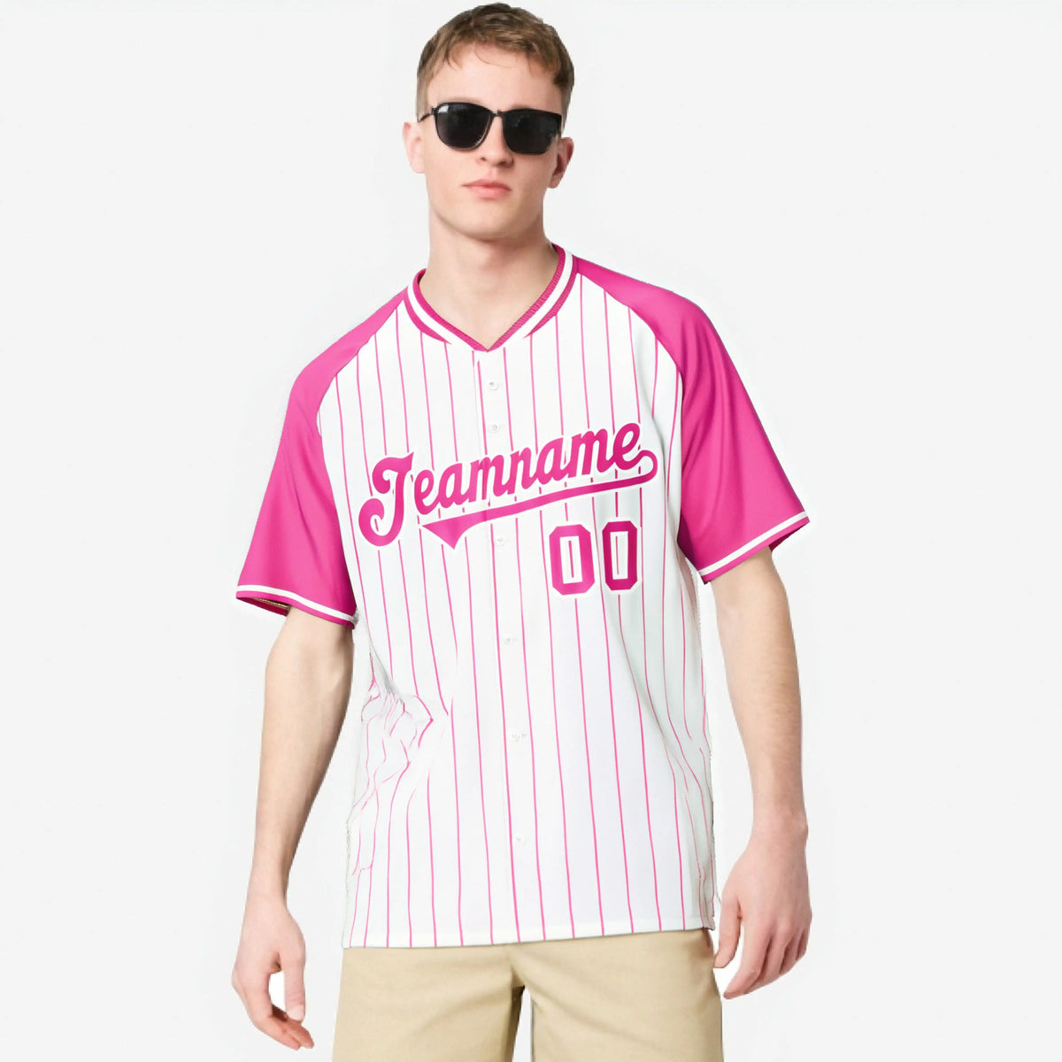 Custom White Pink Pinstripe Pink-White Authentic Raglan Sleeves Baseball Jersey