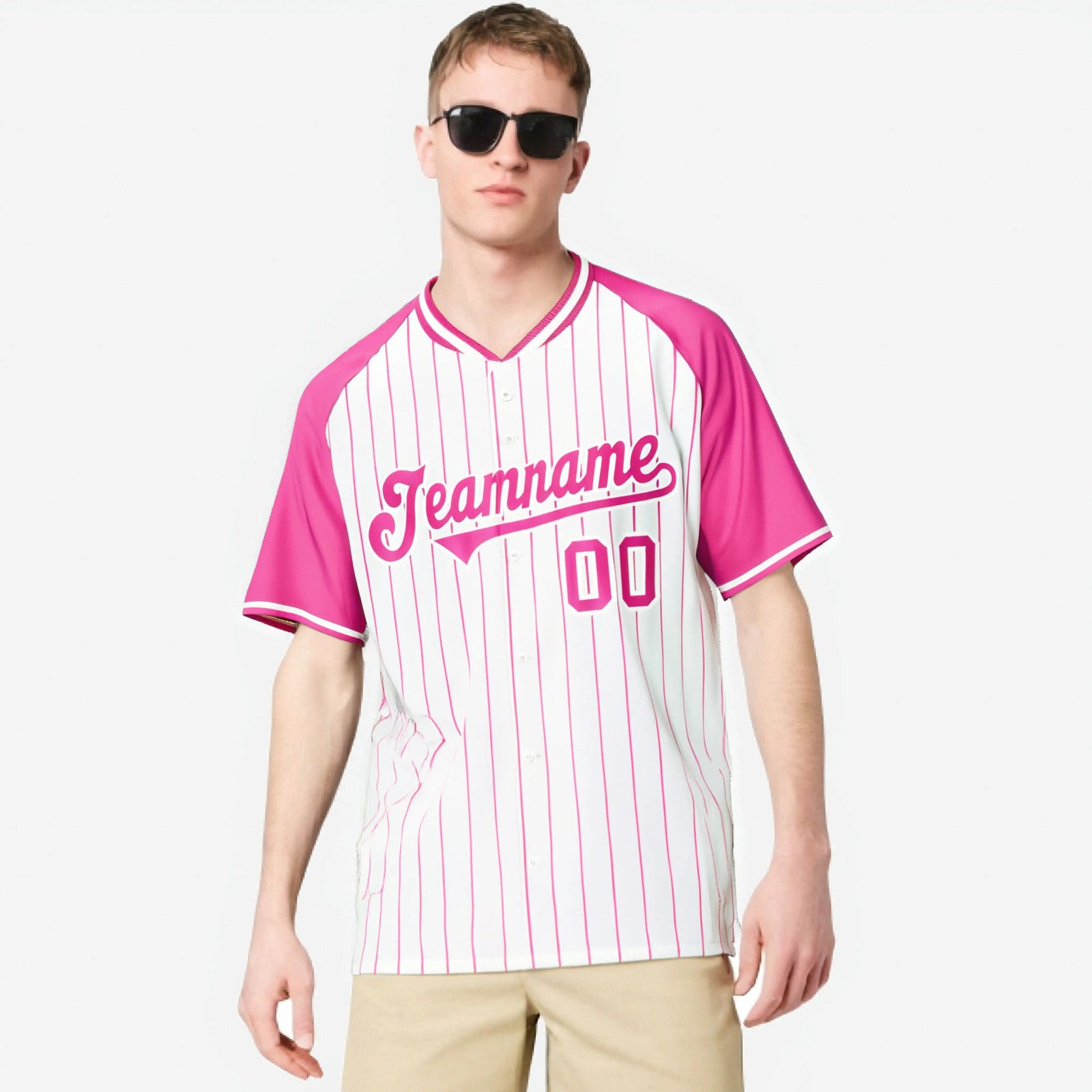 Custom White Pink Pinstripe Pink-White Authentic Raglan Sleeves Baseball Jersey