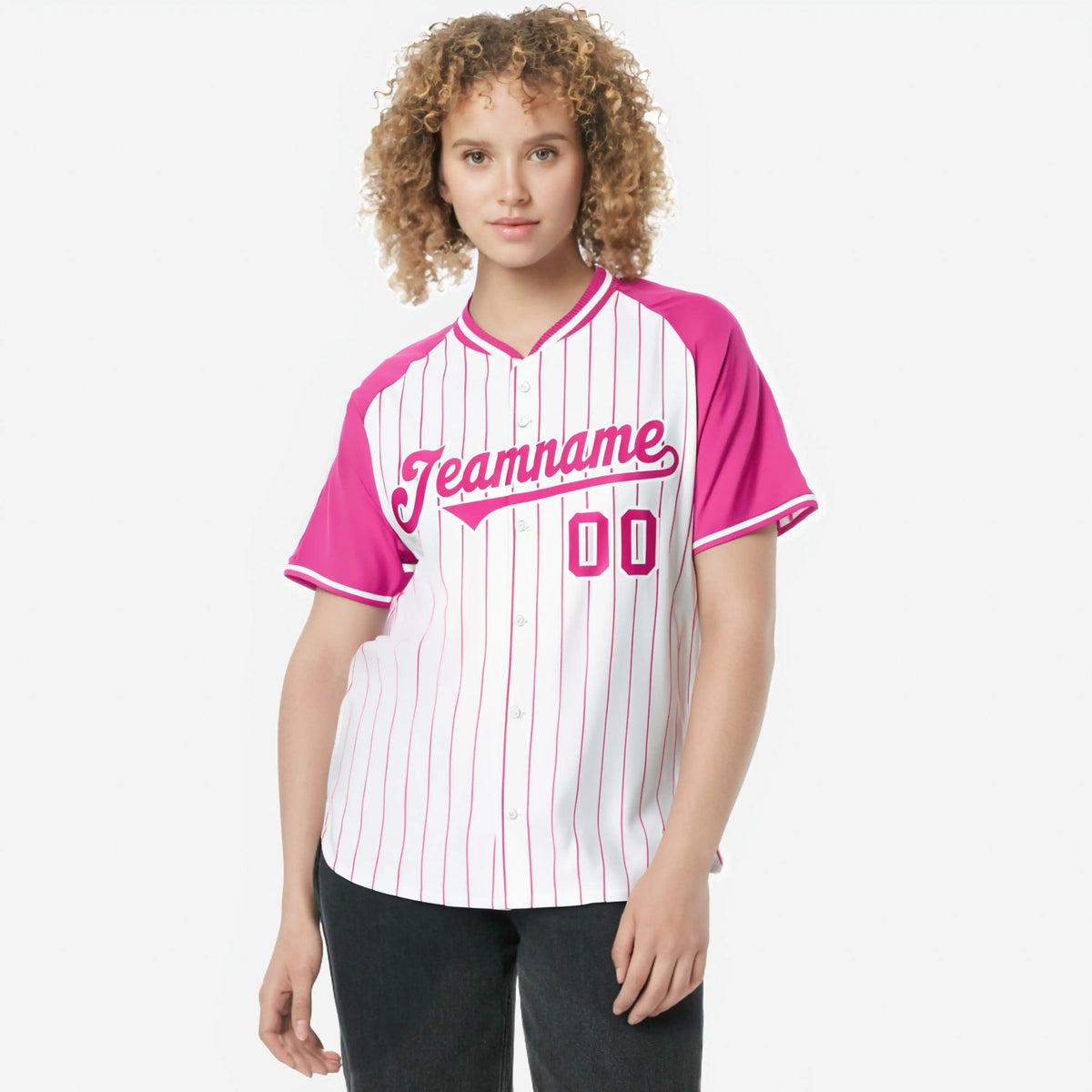 Custom White Pink Pinstripe Pink-White Authentic Raglan Sleeves Baseball Jersey