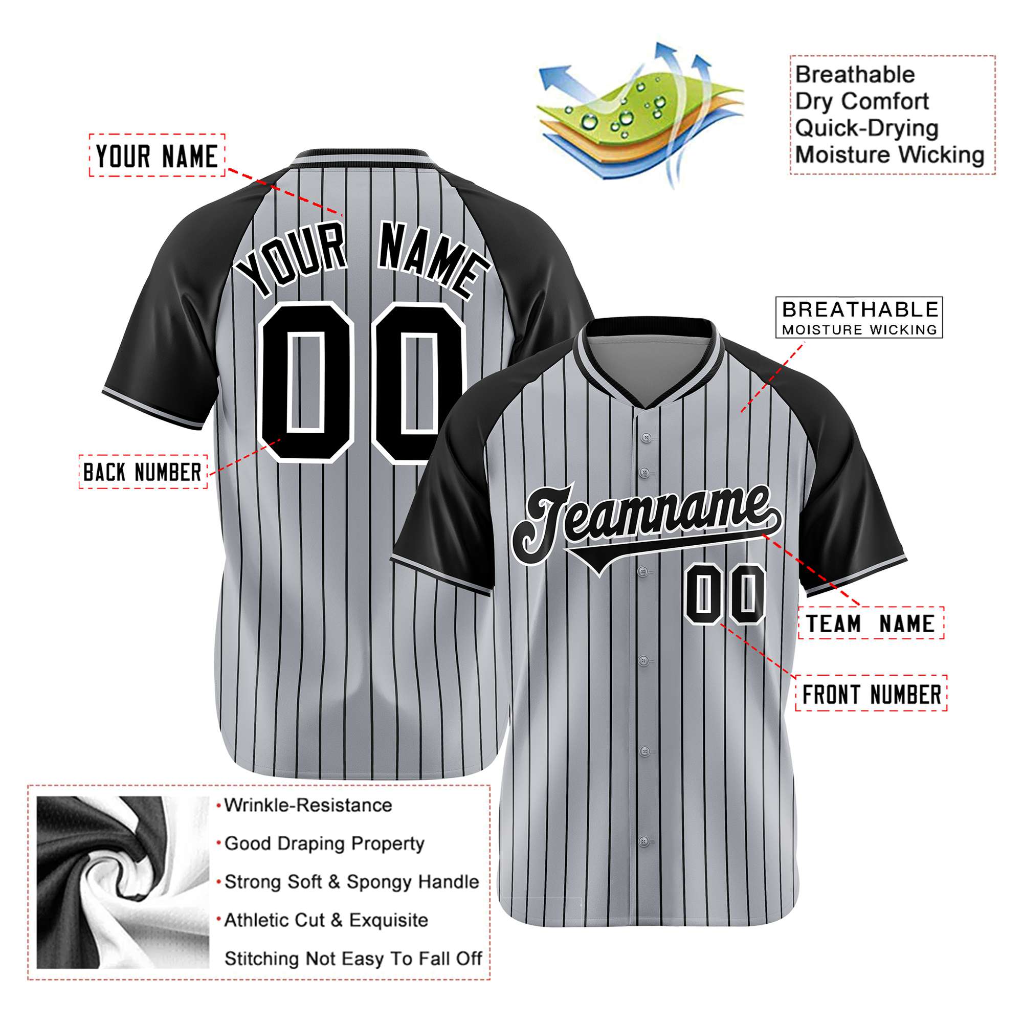 Custom Gray Black Pinstripe Black-Gray Authentic Raglan Sleeves Baseball Jersey