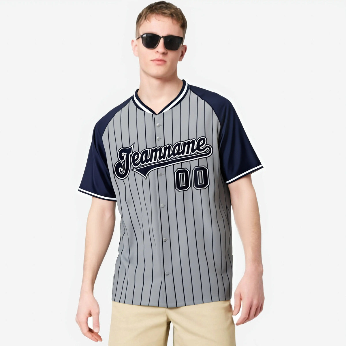Custom Gray Navy Pinstripe Navy-Gray Authentic Raglan Sleeves Baseball Jersey