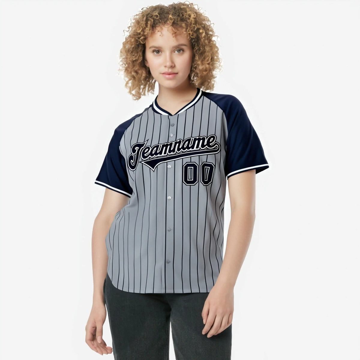 Custom Gray Navy Pinstripe Navy-Gray Authentic Raglan Sleeves Baseball Jersey