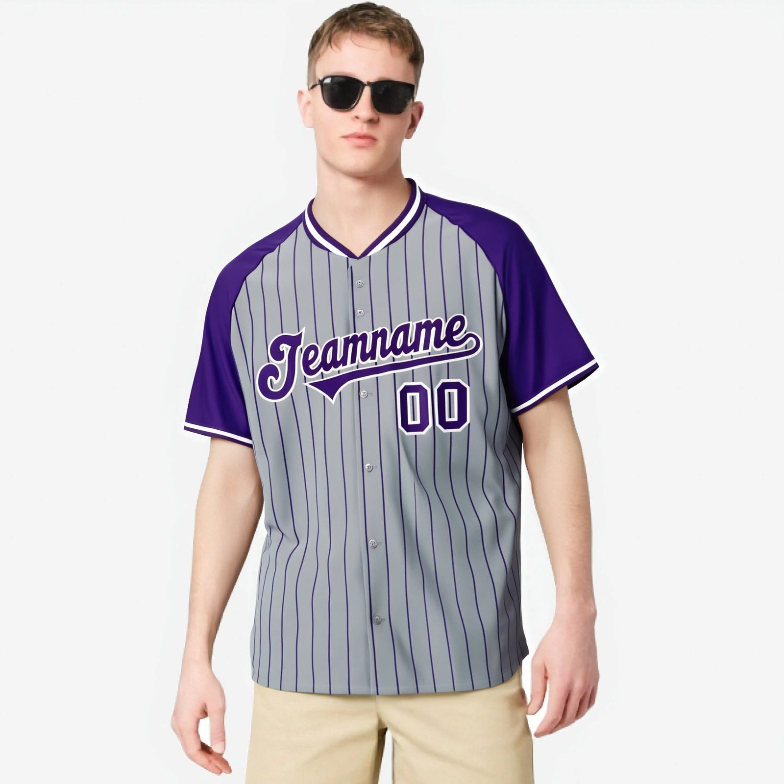 Custom Gray Purple Pinstripe Purple-Gray Authentic Raglan Sleeves Baseball Jersey