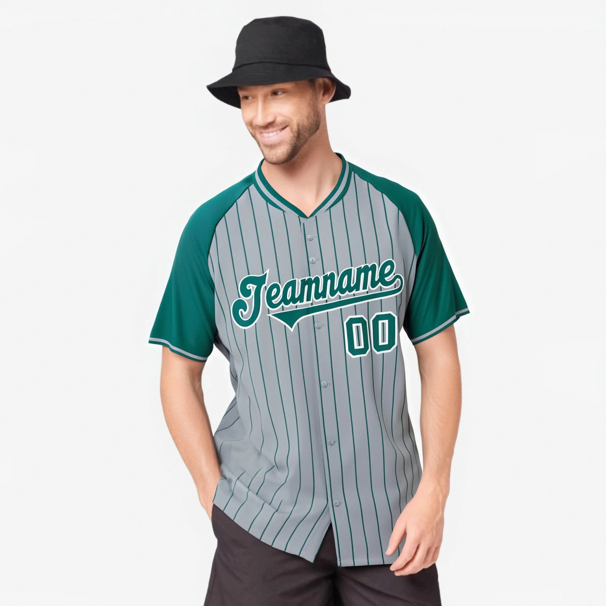 Custom Gray Aqua Pinstripe Authentic Raglan Sleeves Baseball Jersey