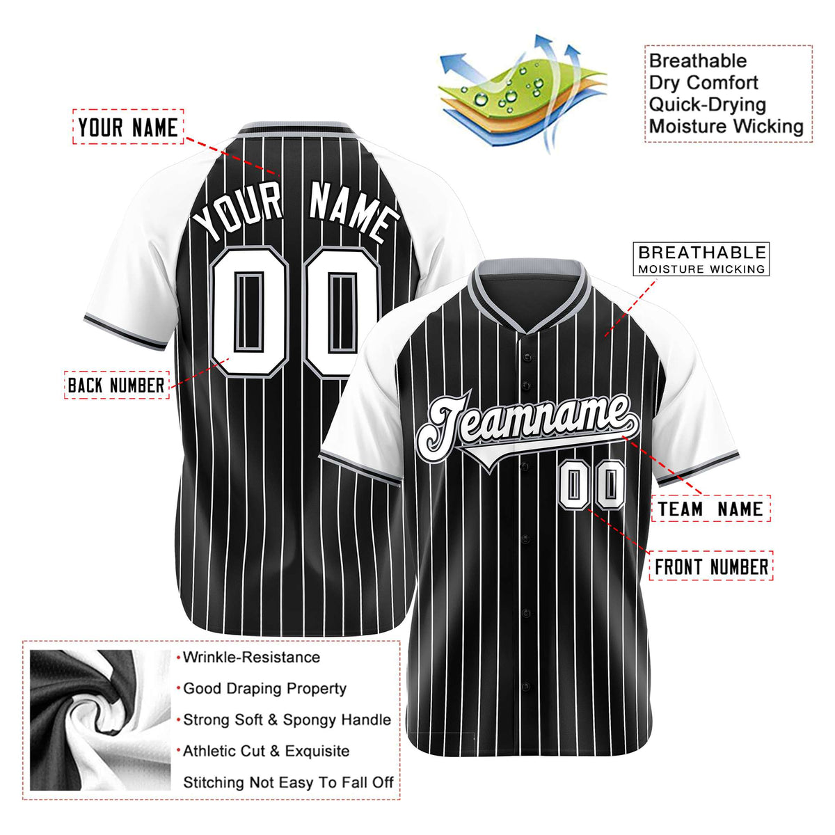 Custom Black White Pinstripe White-Black Authentic Raglan Sleeves Baseball Jersey