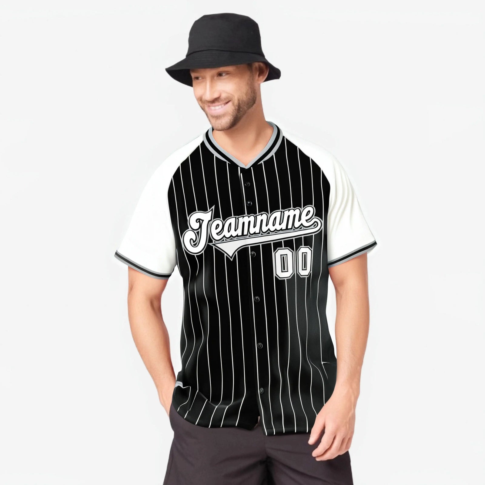 Custom Black White Pinstripe White-Black Authentic Raglan Sleeves Baseball Jersey