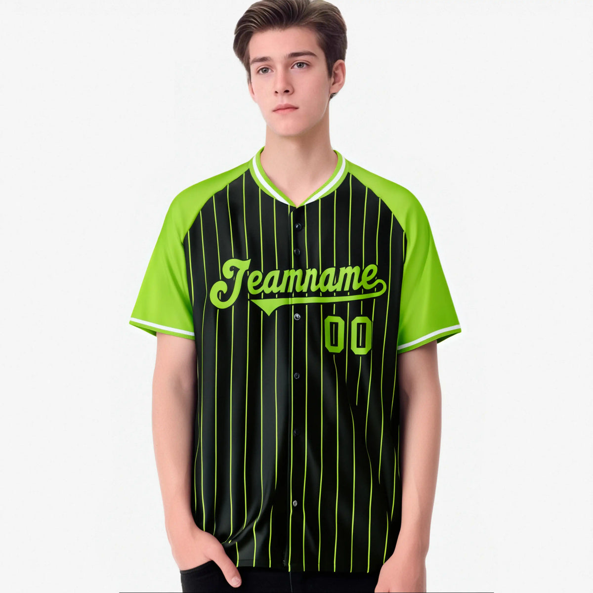 Custom Black-Neon Green Pinstripe Black-Neon Green Authentic Raglan Sleeves Baseball Jersey