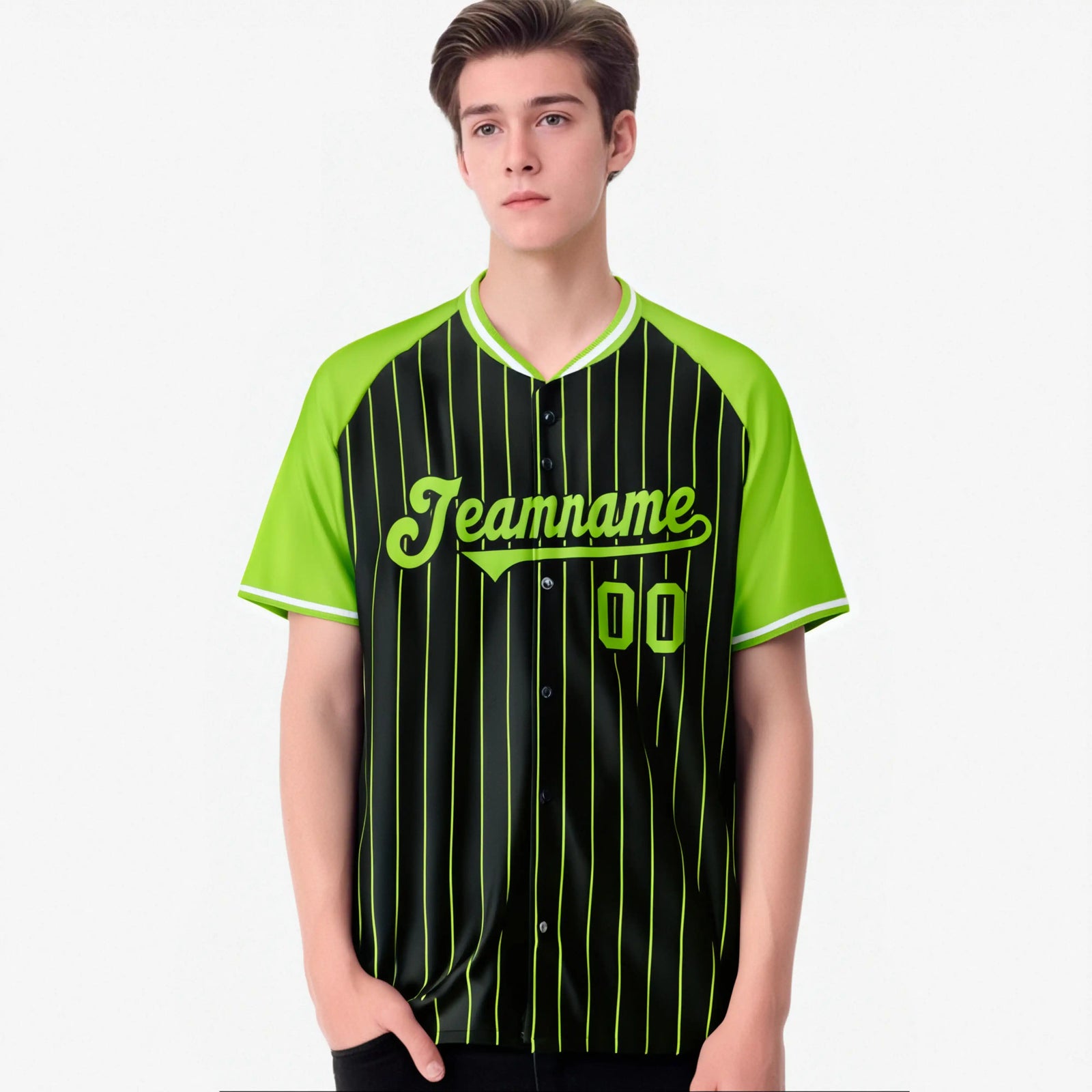 Custom Black-Neon Green Pinstripe Black-Neon Green Authentic Raglan Sleeves Baseball Jersey
