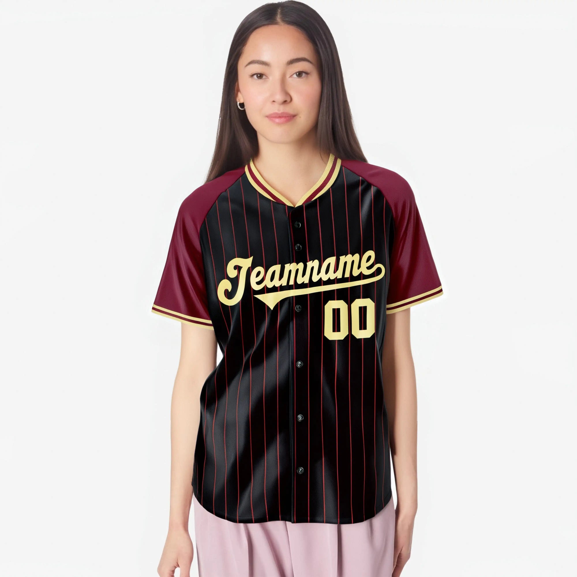 Custom Black Crimson Pinstripe Crimson-Black Authentic Raglan Sleeves Baseball Jersey