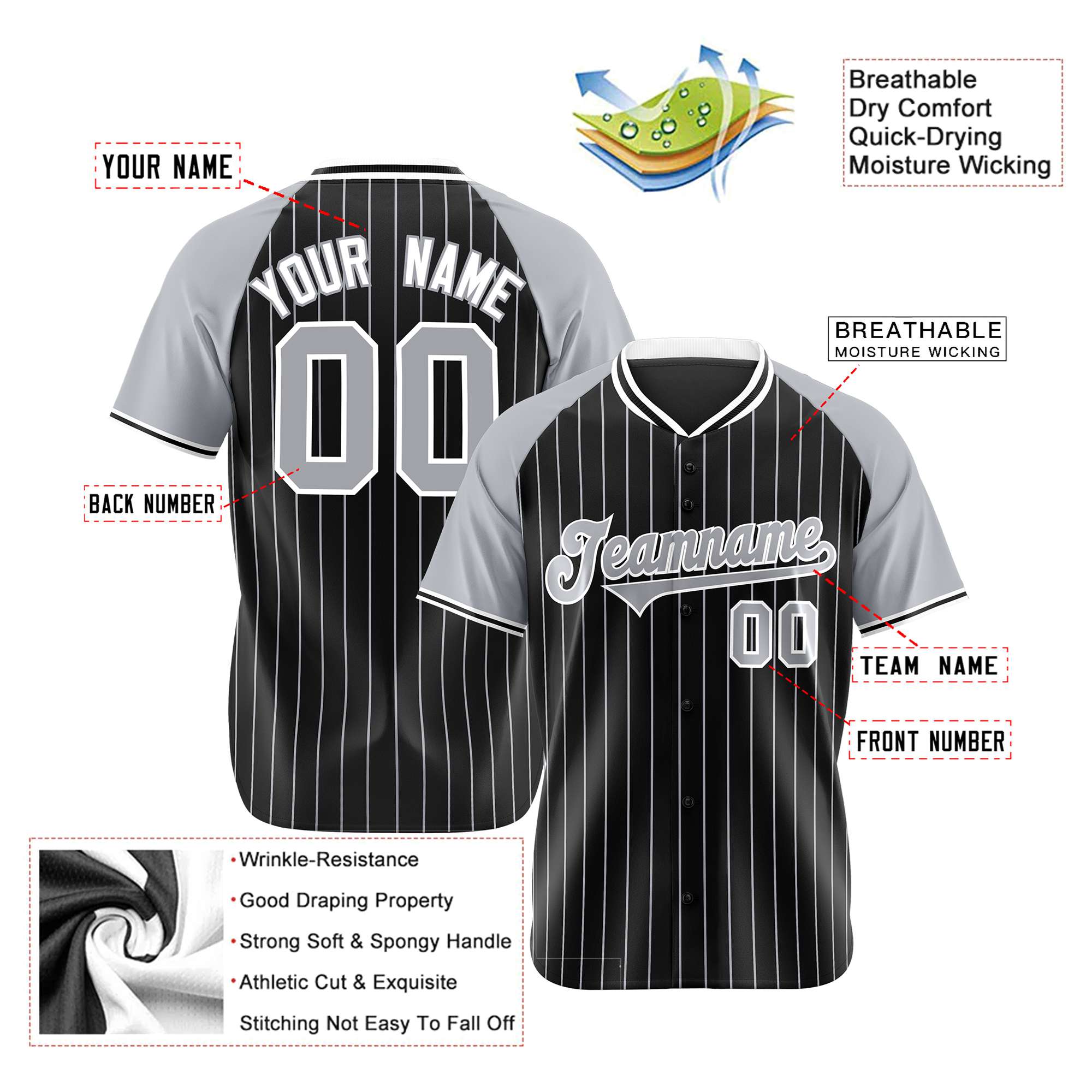 Custom Black Gray Pinstripe Gray-Black Authentic Raglan Sleeves Baseball Jersey