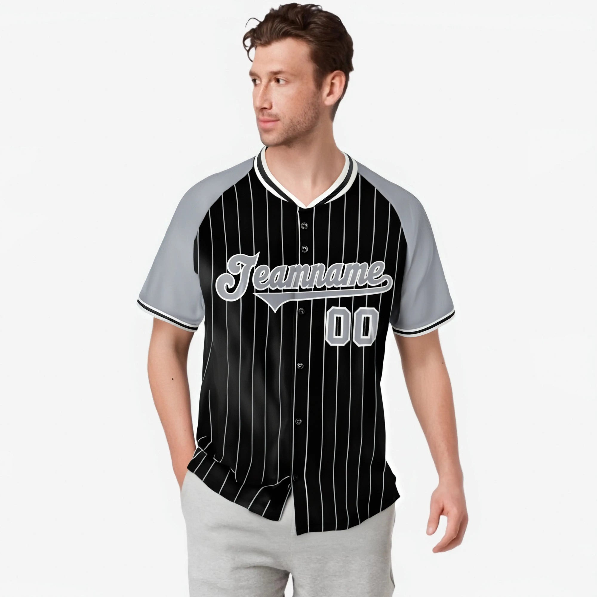 Custom Black Gray Pinstripe Gray-Black Authentic Raglan Sleeves Baseball Jersey